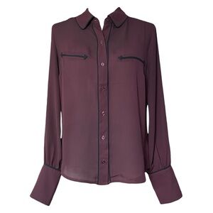 Express semi sheer burgundy Plum Button-Up Blouse black piping western S NWT